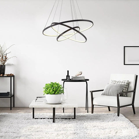 Lit Three Ring Modern LED Chandelier Pendant Light For Dining And Living Rooms Dimmable Circular Ceiling Fixture Black Finish