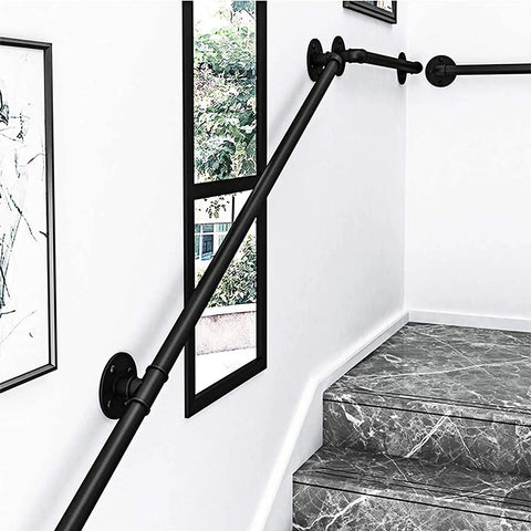 Heavy Duty Black Iron Wall Bracket Kit For Deck Railing With Beefy Guardrail Support And No Sweat Homeowner Assembly Adjustable Span For Indoor Outdoor Projects Game Changer Backyard Upgrade installed along staircase wall.