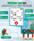 HVAC Digital Manifold Gauges Kit With Dual Pressure And Vacuum Tests, 92 Refrigerant Readouts, Hoses, R22 R134a R410a Compatibility, 1/4 Inch SAE Interface, Portable Hook, Leak Test And Refrigerant Fill showing pressure leak test screen