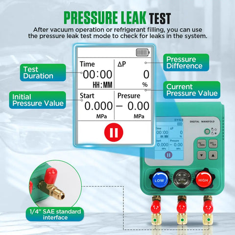 HVAC Digital Manifold Gauges Kit With Dual Pressure And Vacuum Tests, 92 Refrigerant Readouts, Hoses, R22 R134a R410a Compatibility, 1/4 Inch SAE Interface, Portable Hook, Leak Test And Refrigerant Fill showing pressure leak test screen