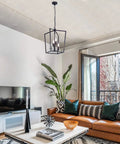 Industrial Black Pendant Light 4 Light Chandelier With Classic Metal Cage hanging in modern living room