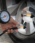 Using Tough 24cm Tire Inflator Hose with Two Locked-In Air Chucks for Schrader Valves nylon wrapped rubber hose to inflate a tire.