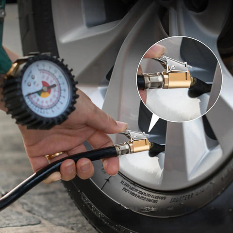 Using Tough 24cm Tire Inflator Hose with Two Locked-In Air Chucks for Schrader Valves nylon wrapped rubber hose to inflate a tire.