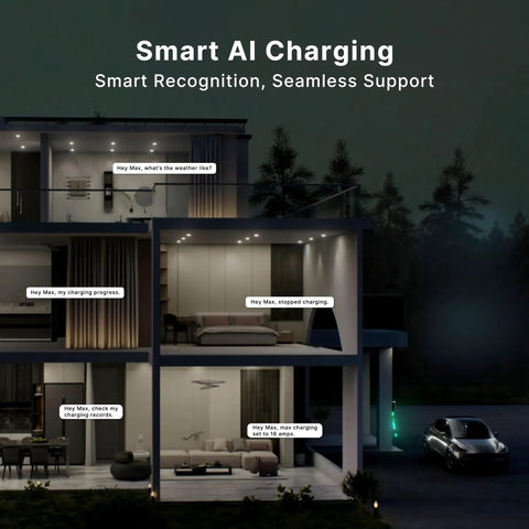 Smart home at night using Level 2 Home EV Charger 40 Amp With Smart AI Tech, Wi Fi And Bluetooth EVSE, electric car charging