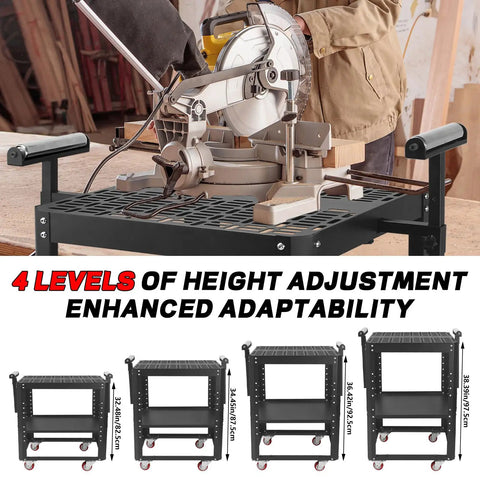 Heavy Duty Steel Power Tool Stand With Smooth Rolling Wheels And Height Adjustable Setup Handles Up To Five Hundred Fifty Pounds with saw on it