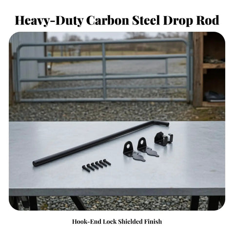 Heavy Duty Gate Bolt Drop Rod Latch Holds Your Fence Tight So It Ain't Budgin' Solid Carbon Steel Construction Ideal For Wood Gardens And Yards To Secure Entryways With A Sleek Black Painted Finish 30 Cm, kit displayed on table.