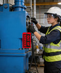 Straight-Up Red Out Of Service Tags With Galvanized Wire Ties, 200 Pack Heavy Duty Laminated Repair Required Lockout Signs For OSHA Wall Mounting Industrial Machine And Valve Inspection Safety Gear in use on machinery.