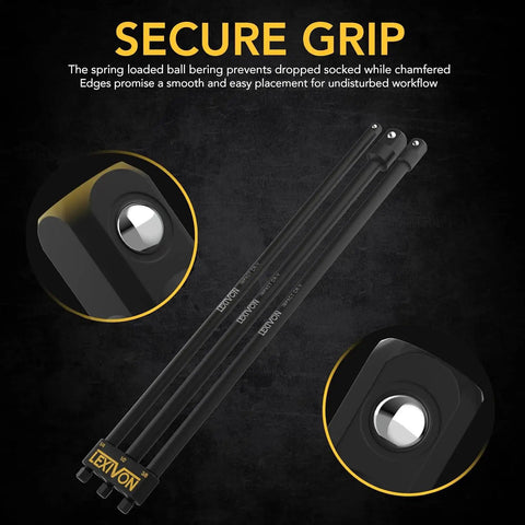 Nine Piece Impact Socket Adapters Set With 3, 6, And 12 Inch Extensions For Quarter, 3 Eighths, And Half Inch Drives shown with secure grip