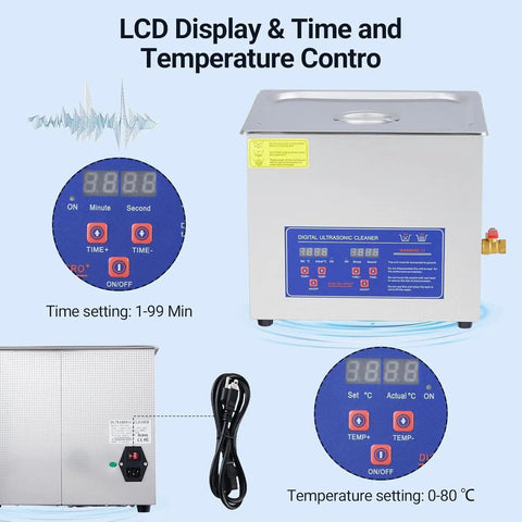 LCD display showing time and temperature controls of Bad Ass Industrial 10 Liter Heated Ultrasonic Parts Washer 240 Watt 40 KHz.
