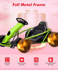 Green Kids 24V Electric Go Kart With Dual 300W Motors, 9Ah Battery, showing full metal frame and fiery wheel design.