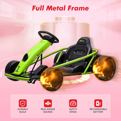 Green Kids 24V Electric Go Kart With Dual 300W Motors, 9Ah Battery, showing full metal frame and fiery wheel design.