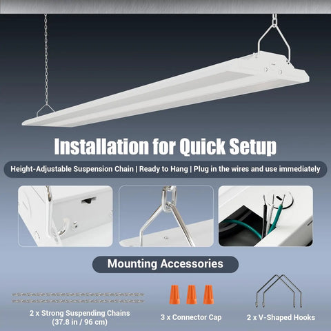 Four Pack 300W LED Linear High Bay Shop Lights With Massive 45000LM Output 5000K Daylight 120-277V For Garage Shop Workshop Store Warehouse Basement ETL Listed Energy Saving Lighting installation accessories and setup instruction display