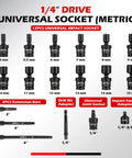 1/4 Inch Drive Universal Impact Socket Set Thats Built For Tight Spots, 18 Piece Swivel Wobble Kit With 6 Point Metric Sockets