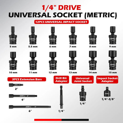 1/4 Inch Drive Universal Impact Socket Set Thats Built For Tight Spots, 18 Piece Swivel Wobble Kit With 6 Point Metric Sockets