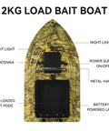 Top view of RC Fishing Bait Boat With Dual 5200mAh Batteries And Carrying Bag, camouflage green with labeled features and night lights.