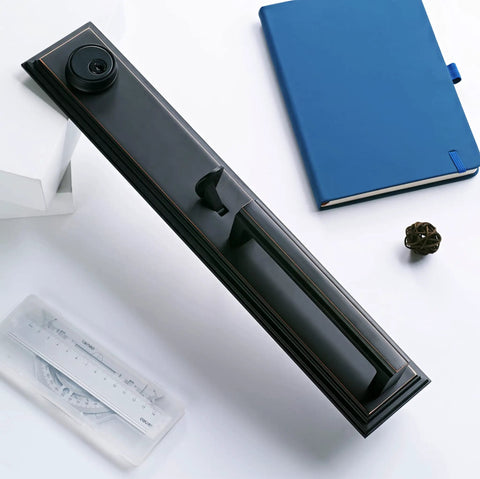 Top view of Reversible Double Door Handle Set With Deadbolt And Lever, 16.5 Inch Oil Rubbed Bronze Security Entrance Lock, Left Or Right Handed, Full Plate Style, Includes Two Keyed Alike Cylinders, X-2011ORB-SET