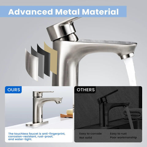 Touchless Bathroom Faucet With Dual Sensor, 1 Or 3 Hole Installation, Automatic Hot And Cold Temperature And Water Flow Control, Brushed Nickel Finish, Lead-Free Copper Construction, Eco Friendly And Water-Saving Bath Fixture.
