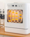 Skip the Sink Fully Automatic Desktop Dishwasher For Home Kitchen large capacity with visible washing mechanism in action.