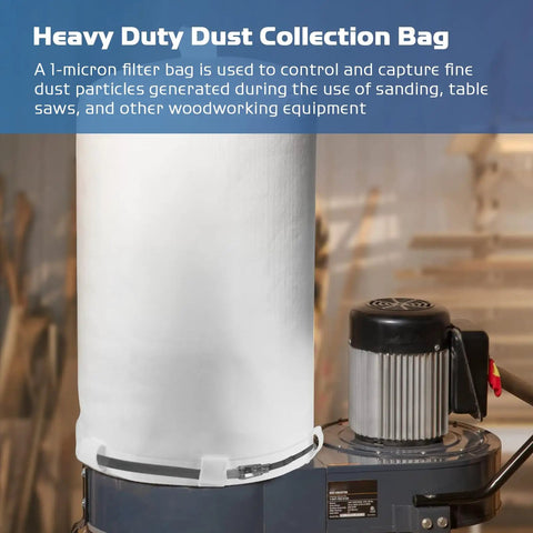 Tough As Nails Dust Collector Bag Kit With One 21 By 31 Inch By 1 Micron Upper Bag attached to dust collection system in workshop.