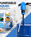 No Sweat Manual Lever Drum Pump For 55 Gallon Barrels Heavy Duty Workhorse with blue handle and clear hose.