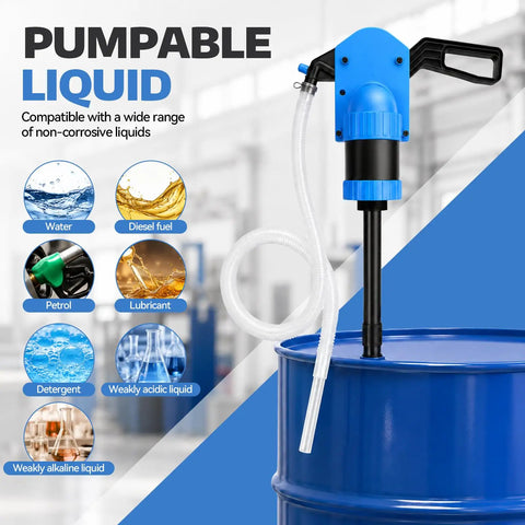 No Sweat Manual Lever Drum Pump For 55 Gallon Barrels Heavy Duty Workhorse with blue handle and clear hose.