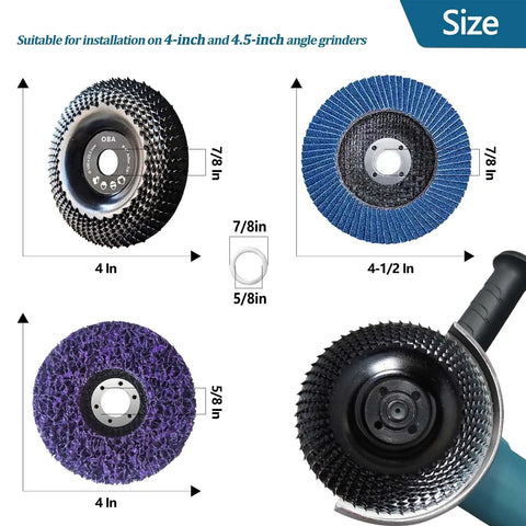 Diagram of Wood Carving Disc Set Seven Piece Kit For 4 And 4-1/2 Inch Angle Grinders with disc sizes and grinder handle.