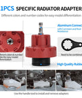 Front view of red radiator coolant pressure tester with aluminum connector and rubber base; 11-piece radiator adapter kit.