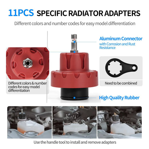 Front view of red radiator coolant pressure tester with aluminum connector and rubber base; 11-piece radiator adapter kit.