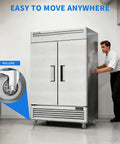 Man moving a Straight Up Heavy Duty Kitchen Workhorse 54 Inch Commercial Upright Freezer with rollers in a kitchen.