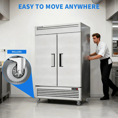 Man moving a Straight Up Heavy Duty Kitchen Workhorse 54 Inch Commercial Upright Freezer with rollers in a kitchen.