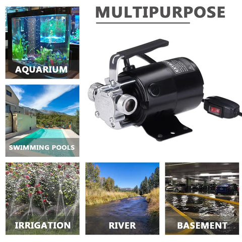 Powerful 115V 330 GPH Electric Utility Pump Kit With On Off Switch shown with various applications like aquariums and pools.