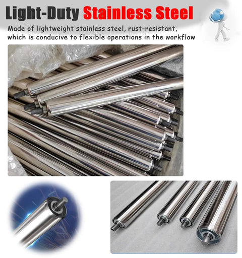 Heavy Duty Stainless Steel Conveyor Rollers 2 Inch Diameter Set Of 5 For Belt Conveyors And Gravity Rails With Spring Shaft Replacement Built Tough Workhorse Kit displayed in three separate images, showing polished stainless steel rollers and detailed shaft connections.