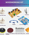 Woodworking kit containing 105 pieces, including cloth wheels, drill bits, sandpaper, goggles, and polishing wax.