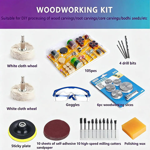 Woodworking kit containing 105 pieces, including cloth wheels, drill bits, sandpaper, goggles, and polishing wax.