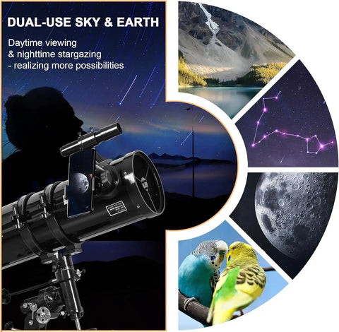 150mm Aperture Reflector Telescope With Manual German Equatorial Mount 750mm Focal Length Includes 5 Color Filters And 3x Barlow Lens Beginner Friendly For Adults Black shown with day and night images.