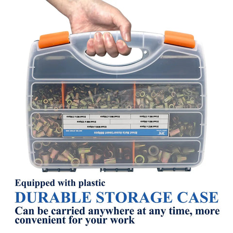 Rivet Nut Kit Set With 860 Pieces Featuring SAE UNC Rivet Nuts Assortment in a durable plastic storage case