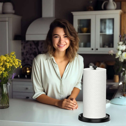 One Hand Tear Paper Towel Holder For Countertop Black Stainless Steel With Weighted Base in kitchen setting with a person nearby