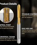 Close-up of 4 Pack 8 32 UNC B2 Spiral Point Thread Tap For Metalworking And DIY Screw Threading HSS 6542 with titanium coating and spiral point.