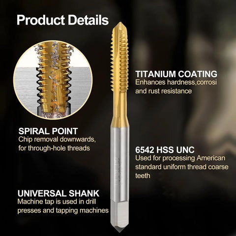 Close-up of 4 Pack 8 32 UNC B2 Spiral Point Thread Tap For Metalworking And DIY Screw Threading HSS 6542 with titanium coating and spiral point.