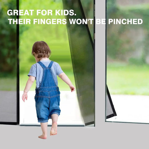 Child walking through magnetic screen door 36 X 82 inches, heavy duty reinforced fiberglass mesh, black modern style.