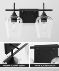 2 Light Vanity Light Fixture With Clear Glass Shades And Matte Black Finish, wall mounted with modern design elements visible