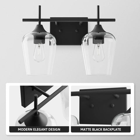 2 Light Vanity Light Fixture With Clear Glass Shades And Matte Black Finish, wall mounted with modern design elements visible