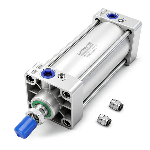 Heavy Duty Pneumatic Air Cylinder Two And A Half Inch Bore, 3.94 Inch Stroke, Double Acting, Single Rod, M16 By 1.5 Threaded Rod, Three Eighths Inch Port, Includes Two Push In Fittings For Industrial Machinery