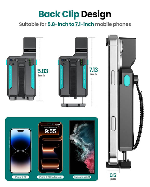 Back view of Bluetooth Barcode Scanner Wireless 2D 1D Back Clip Reader With USB C Wired And 2.4G Wireless Options attached to phone