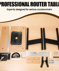 Benchtop Router Table With Heavy Duty Stand And Precision Adjustable Fence, Durable MDF Surface For Straight Shooting Woodrouting, Integrated Dust Port And Clear Shield, Solid Workshop Staple To Nail Every Cut parts arrangement on woodwork surface.