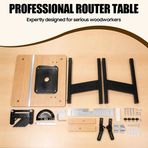 Benchtop Router Table With Heavy Duty Stand And Precision Adjustable Fence, Durable MDF Surface For Straight Shooting Woodrouting, Integrated Dust Port And Clear Shield, Solid Workshop Staple To Nail Every Cut parts arrangement on woodwork surface.