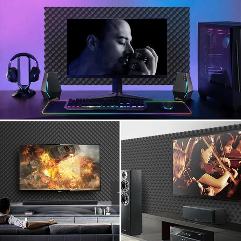 12 Pack One Point Five By Twelve By Twelve Inch Sound Proofing Egg Crate Foam Pads Noise Reducing Acoustic Panels For Walls in gaming and media setups.