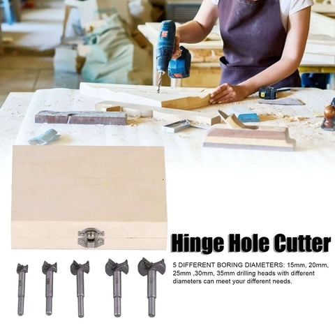 5-piece hinge hole cutter drill bit set with storage box; steel bits for wood hinge hole drilling