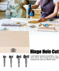 Front view of hinge hole cutter set with five drill heads and storage case