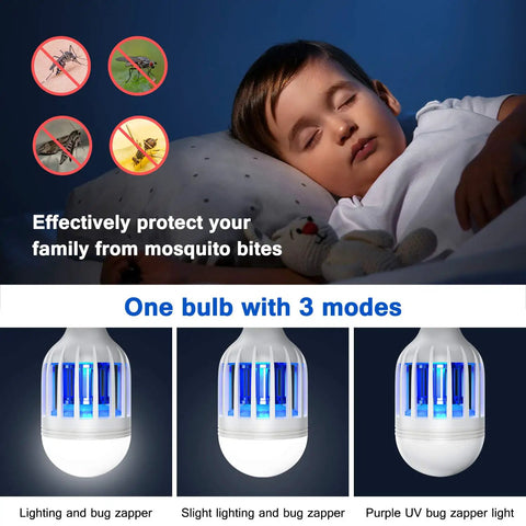 Child sleeping peacefully with 2 In 1 Mosquito Killer Lamp LED Bug Zapper Bulb For Indoor And Outdoor Use, showcasing three bulb modes.